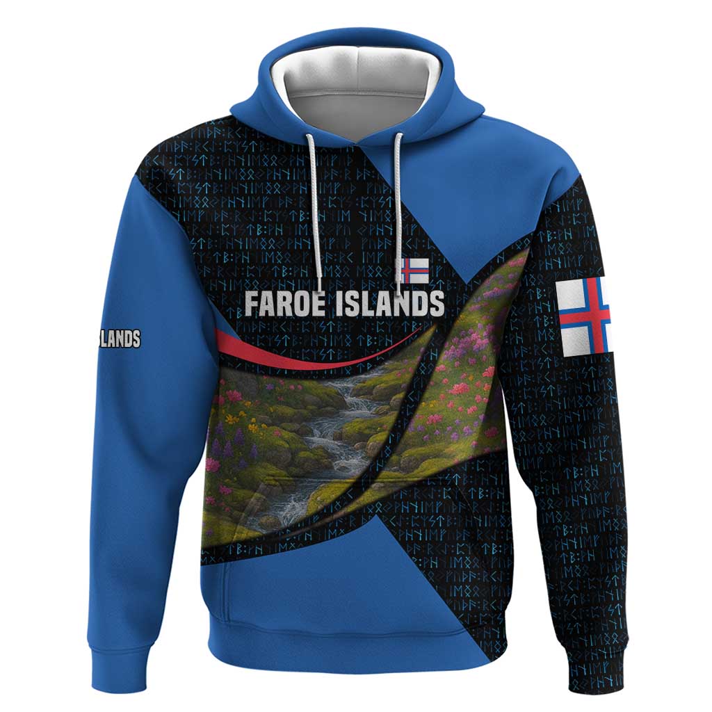 Faroe Islands Zip Hoodie with Waterfall Nature Scene and Rune Pattern Design - Wonder Print Shop