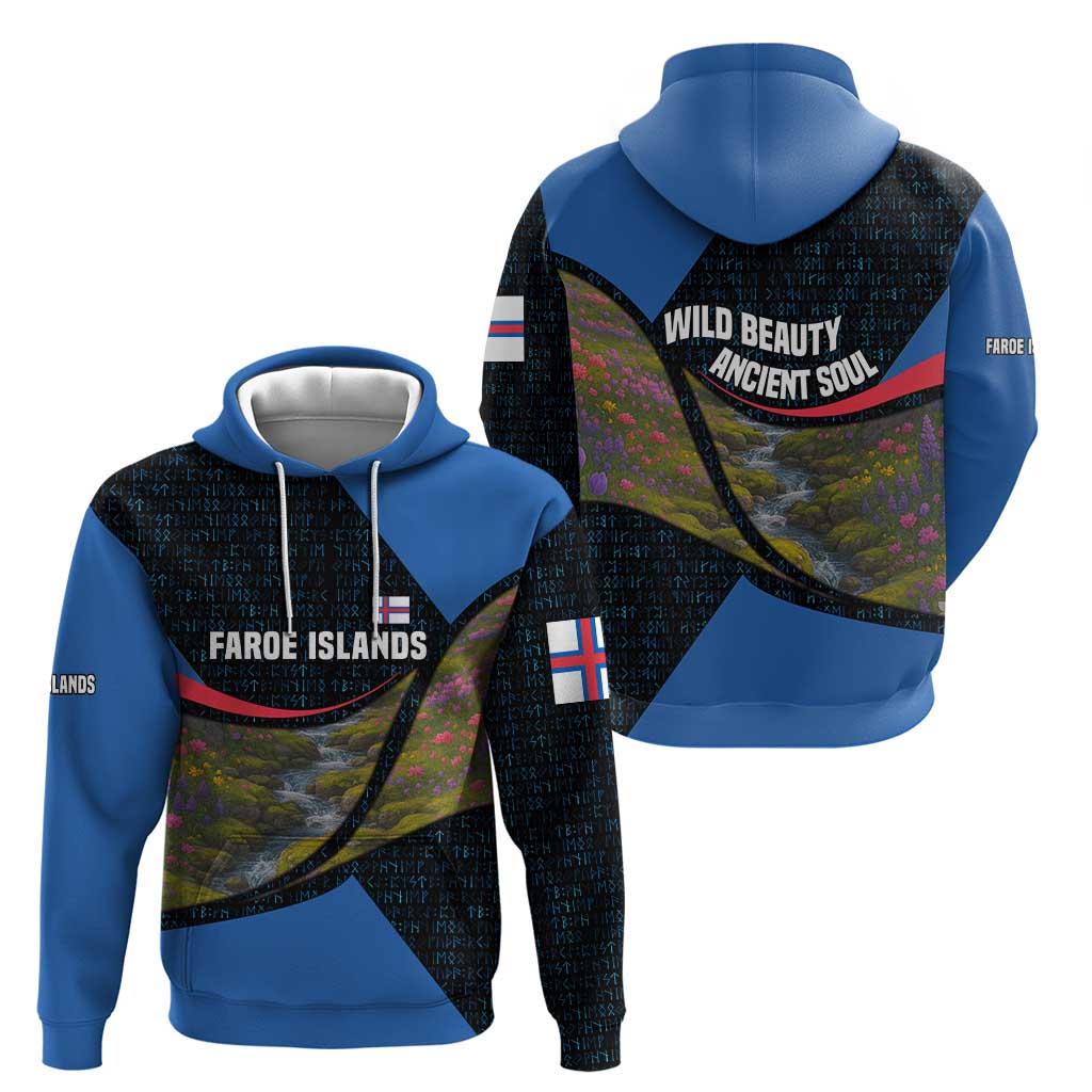 Faroe Islands Zip Hoodie with Waterfall Nature Scene and Rune Pattern Design - Wonder Print Shop