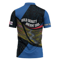 Faroe Islands Zipper Polo Shirt with Waterfall Nature Scene and Rune Pattern Design - Wonder Print Shop