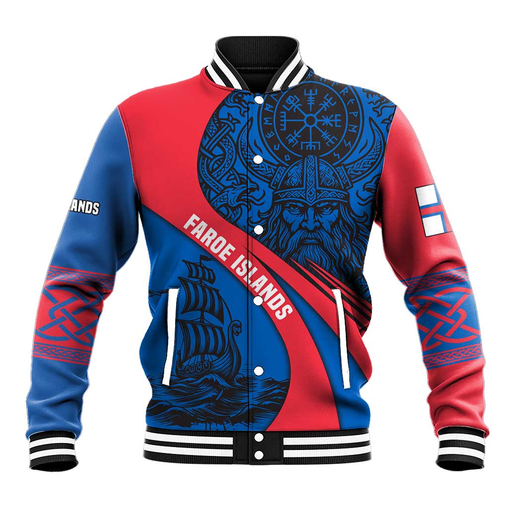 Faroe Islands Baseball Jacket with Viking Warrior and Longship Design - Wonder Print Shop