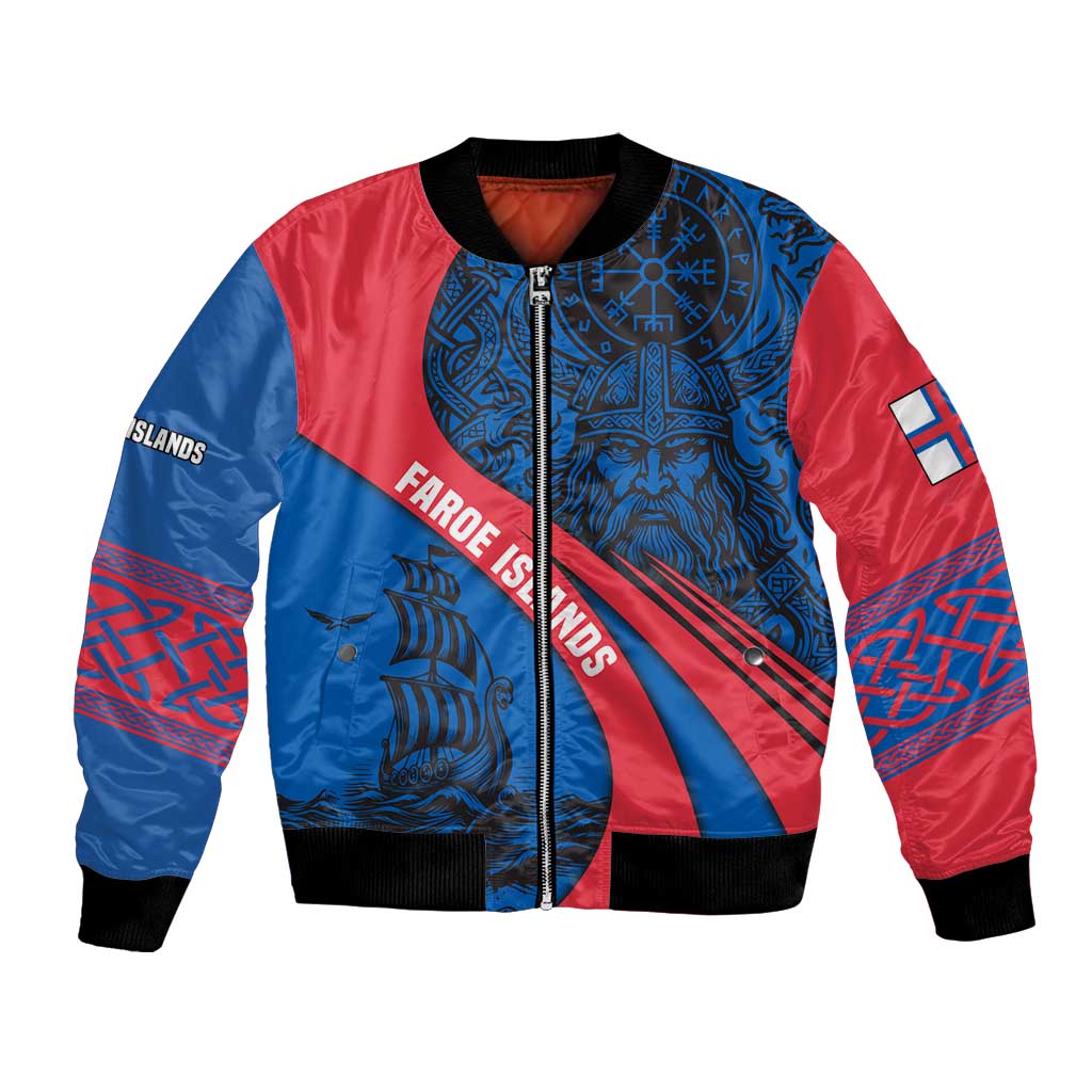Faroe Islands Bomber Jacket with Viking Warrior and Longship Design - Wonder Print Shop
