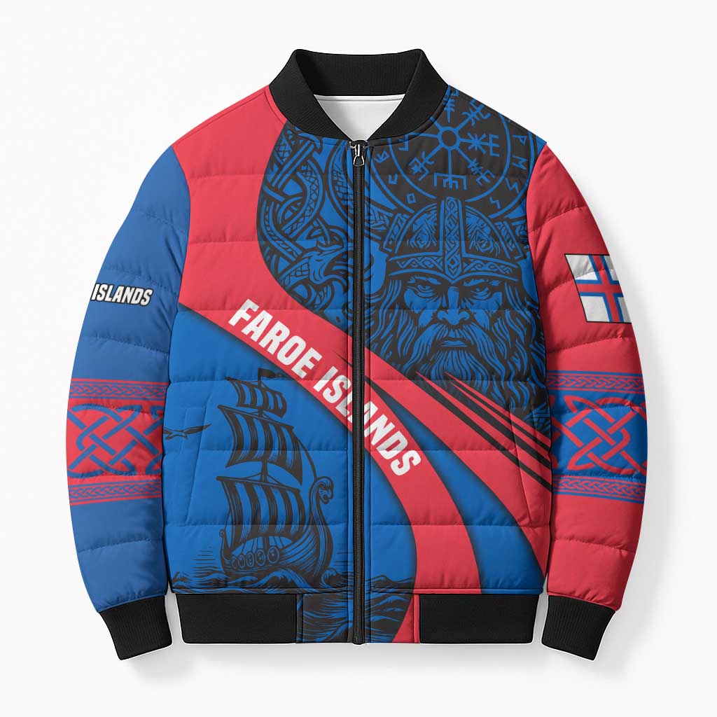 Faroe Islands Bomber Puffer Jacket with Viking Warrior and Longship Design - Wonder Print Shop