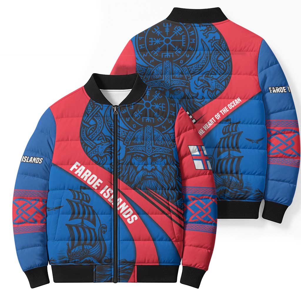 Faroe Islands Bomber Puffer Jacket with Viking Warrior and Longship Design - Wonder Print Shop