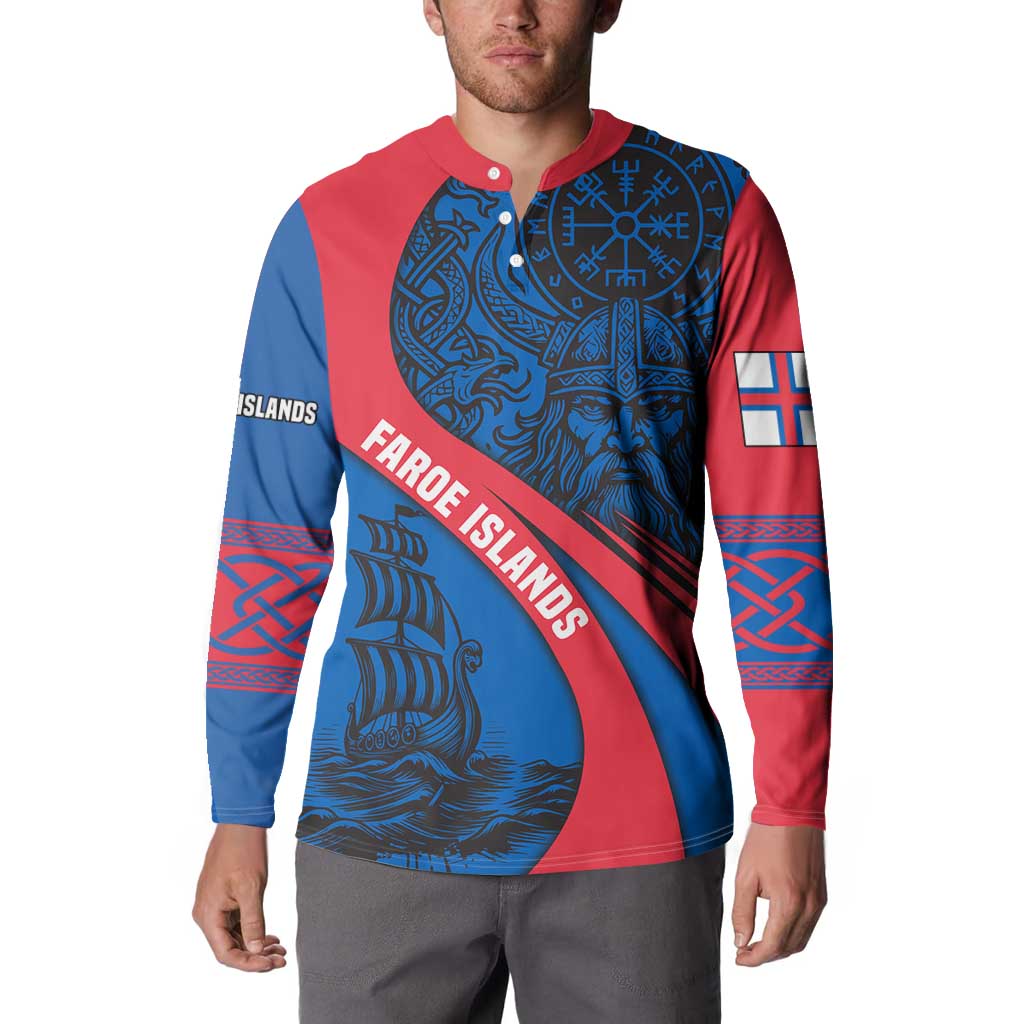 Faroe Islands Button Sweatshirt with Viking Warrior and Longship Design - Wonder Print Shop