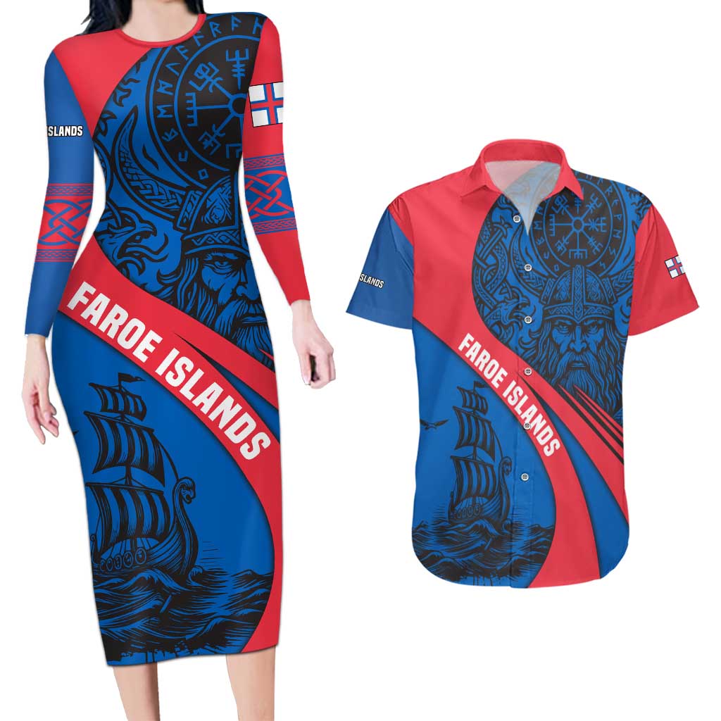 Faroe Islands Couples Matching Long Sleeve Bodycon Dress and Hawaiian Shirt with Viking Warrior and Longship Design - Wonder Print Shop