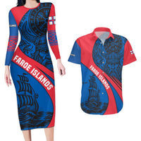 Faroe Islands Couples Matching Long Sleeve Bodycon Dress and Hawaiian Shirt with Viking Warrior and Longship Design - Wonder Print Shop