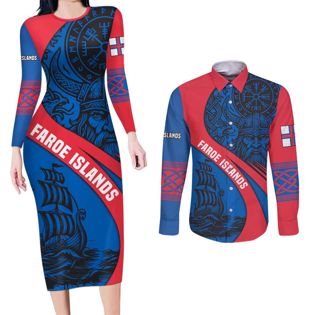 Faroe Islands Couples Matching Long Sleeve Bodycon Dress and Long Sleeve Button Shirt with Viking Warrior and Longship Design - Wonder Print Shop