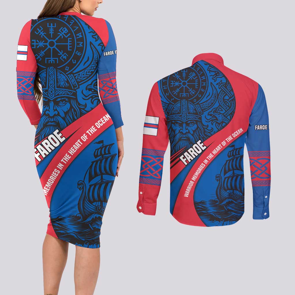 Faroe Islands Couples Matching Long Sleeve Bodycon Dress and Long Sleeve Button Shirt with Viking Warrior and Longship Design - Wonder Print Shop