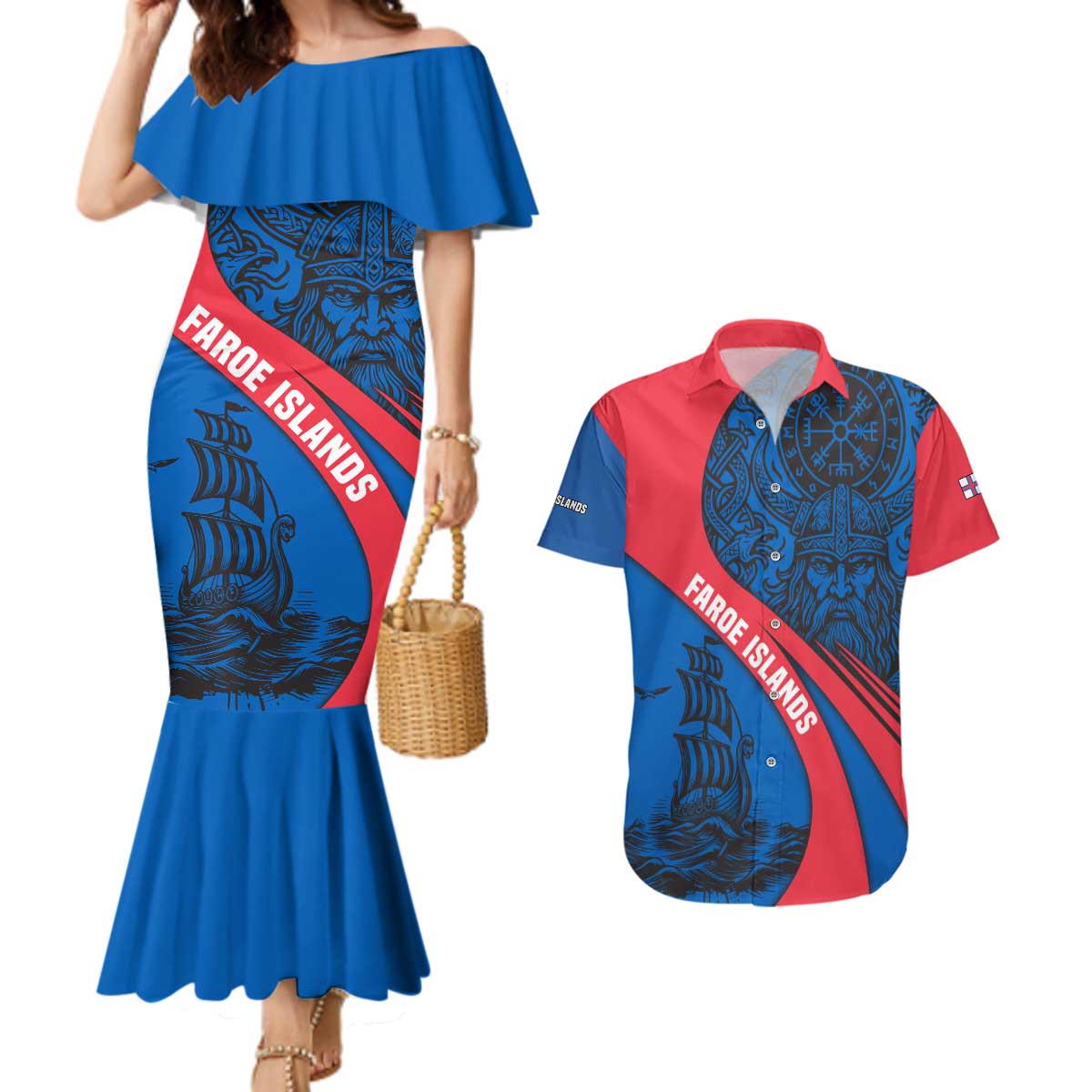 Faroe Islands Couples Matching Mermaid Dress and Hawaiian Shirt with Viking Warrior and Longship Design - Wonder Print Shop