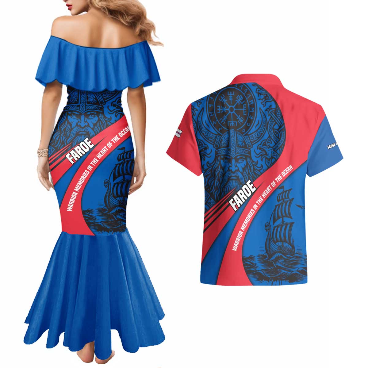 Faroe Islands Couples Matching Mermaid Dress and Hawaiian Shirt with Viking Warrior and Longship Design - Wonder Print Shop