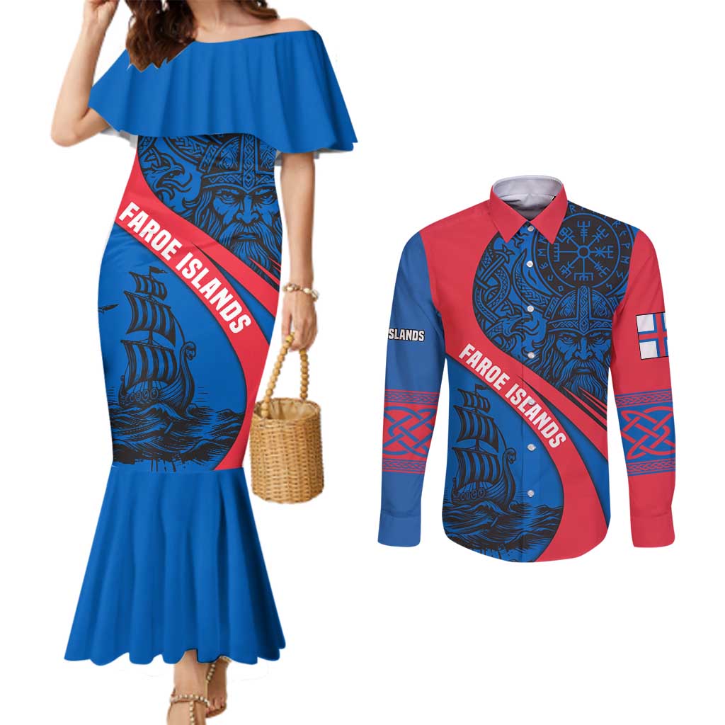 Faroe Islands Couples Matching Mermaid Dress and Long Sleeve Button Shirt with Viking Warrior and Longship Design - Wonder Print Shop