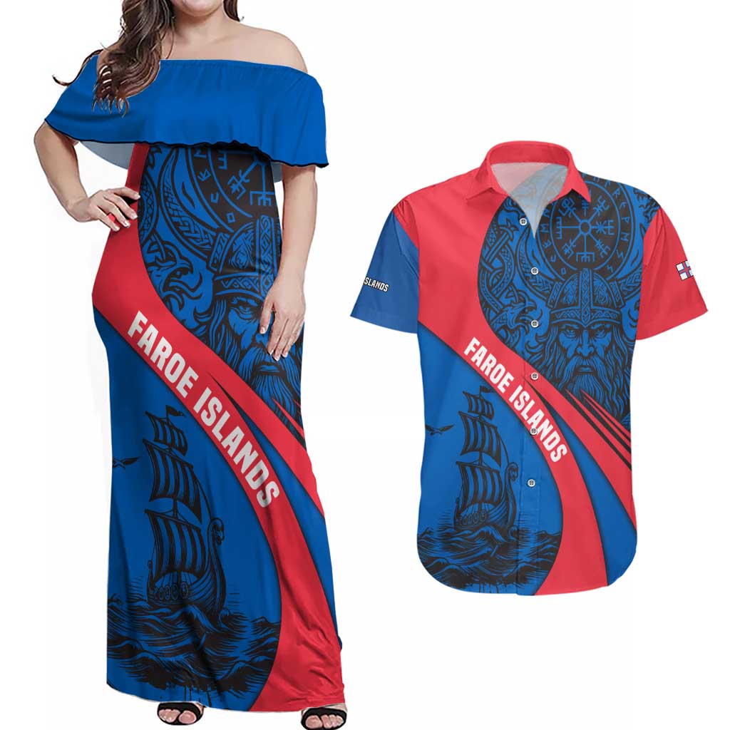 Faroe Islands Couples Matching Off Shoulder Maxi Dress and Hawaiian Shirt with Viking Warrior and Longship Design - Wonder Print Shop