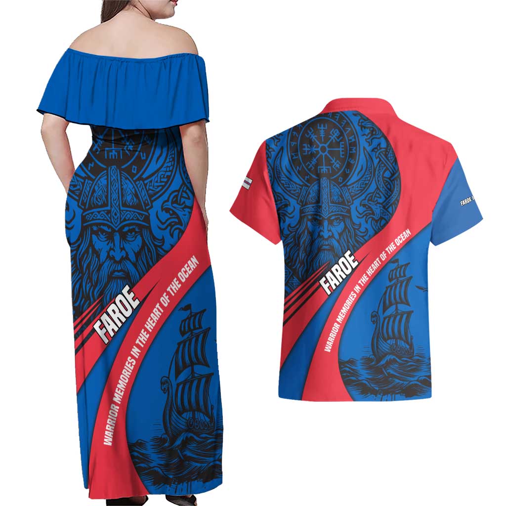 Faroe Islands Couples Matching Off Shoulder Maxi Dress and Hawaiian Shirt with Viking Warrior and Longship Design - Wonder Print Shop