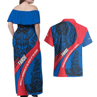 Faroe Islands Couples Matching Off Shoulder Maxi Dress and Hawaiian Shirt with Viking Warrior and Longship Design - Wonder Print Shop