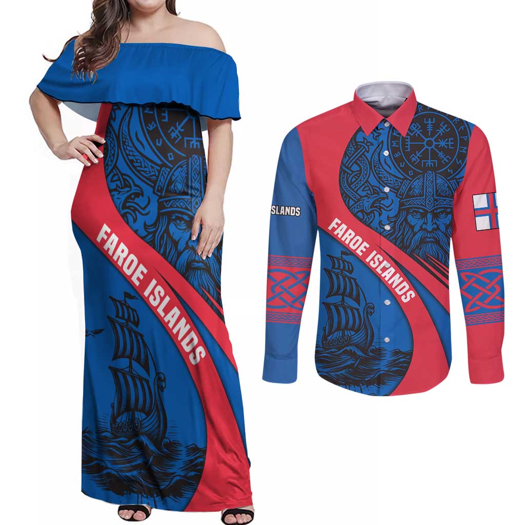 Faroe Islands Couples Matching Off Shoulder Maxi Dress and Long Sleeve Button Shirt with Viking Warrior and Longship Design - Wonder Print Shop