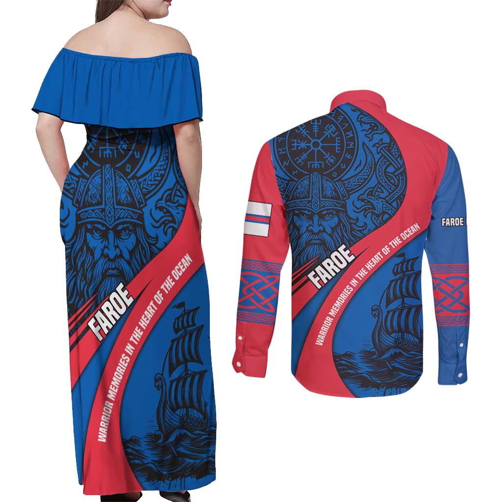 Faroe Islands Couples Matching Off Shoulder Maxi Dress and Long Sleeve Button Shirt with Viking Warrior and Longship Design - Wonder Print Shop