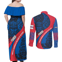 Faroe Islands Couples Matching Off Shoulder Maxi Dress and Long Sleeve Button Shirt with Viking Warrior and Longship Design - Wonder Print Shop