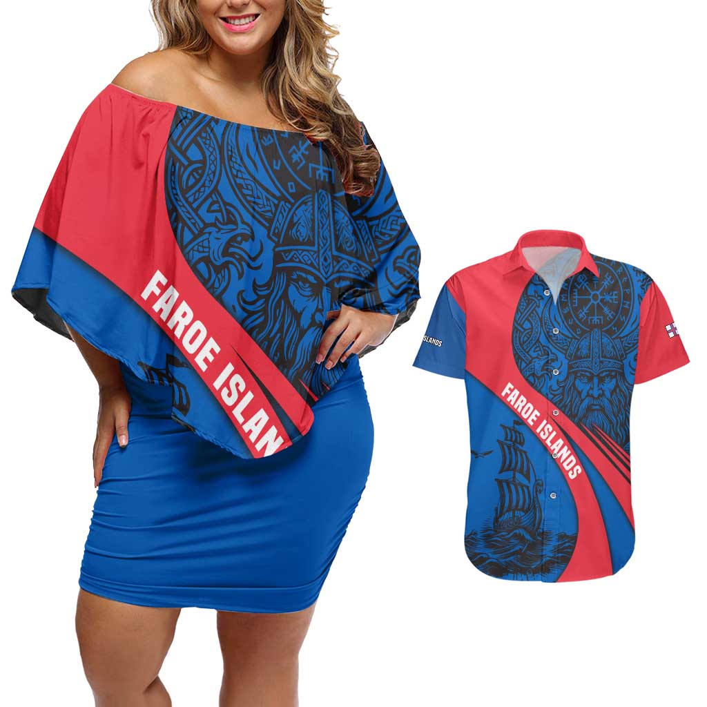 Faroe Islands Couples Matching Off Shoulder Short Dress and Hawaiian Shirt with Viking Warrior and Longship Design - Wonder Print Shop