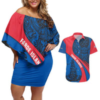 Faroe Islands Couples Matching Off Shoulder Short Dress and Hawaiian Shirt with Viking Warrior and Longship Design - Wonder Print Shop