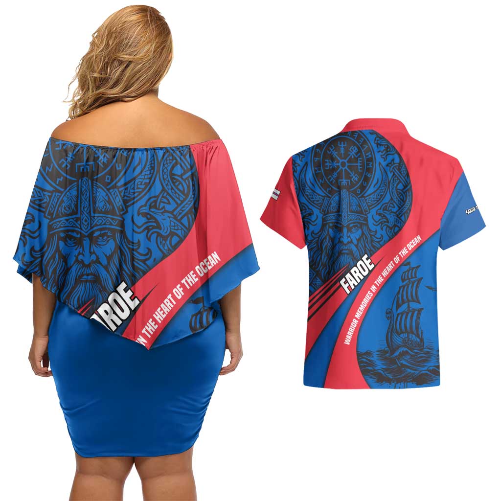 Faroe Islands Couples Matching Off Shoulder Short Dress and Hawaiian Shirt with Viking Warrior and Longship Design - Wonder Print Shop