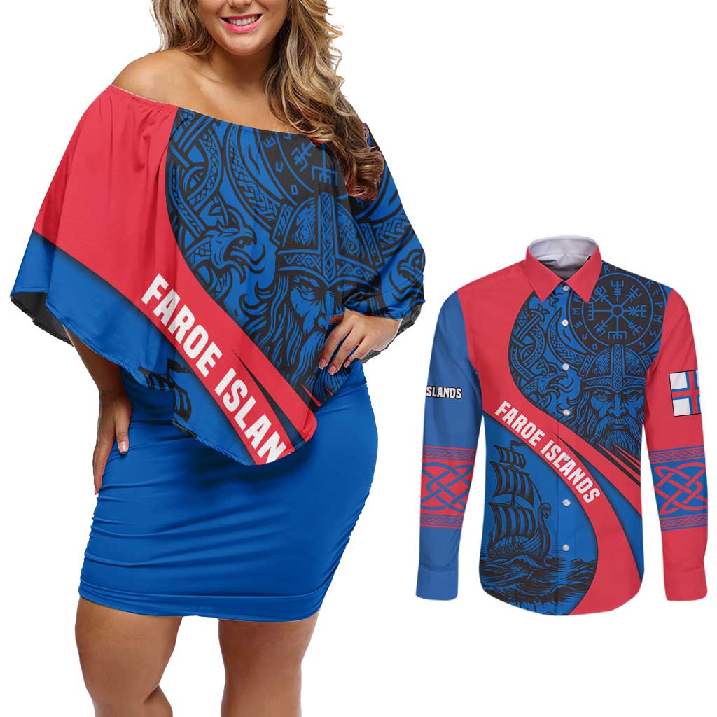 Faroe Islands Couples Matching Off Shoulder Short Dress and Long Sleeve Button Shirt with Viking Warrior and Longship Design - Wonder Print Shop