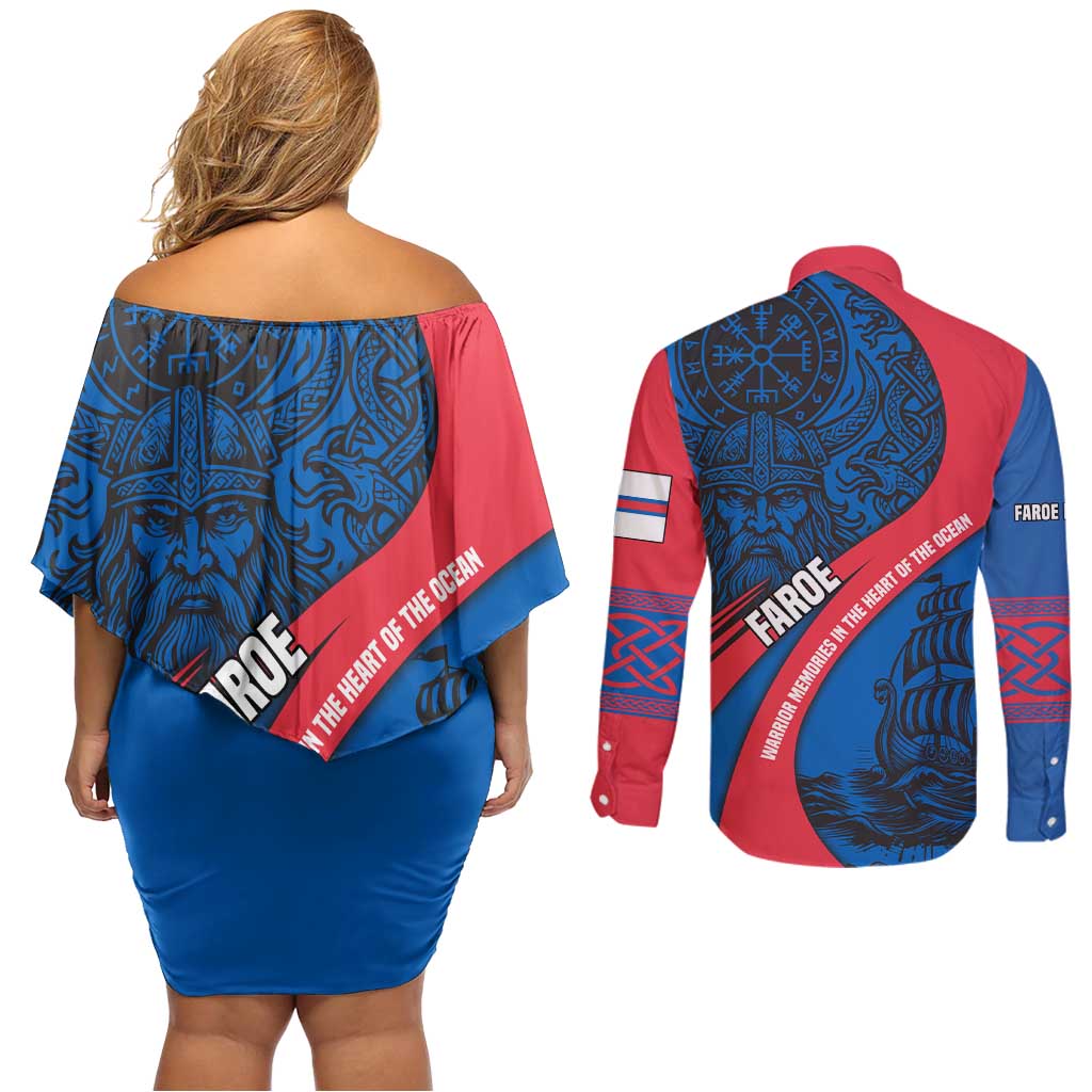 Faroe Islands Couples Matching Off Shoulder Short Dress and Long Sleeve Button Shirt with Viking Warrior and Longship Design - Wonder Print Shop