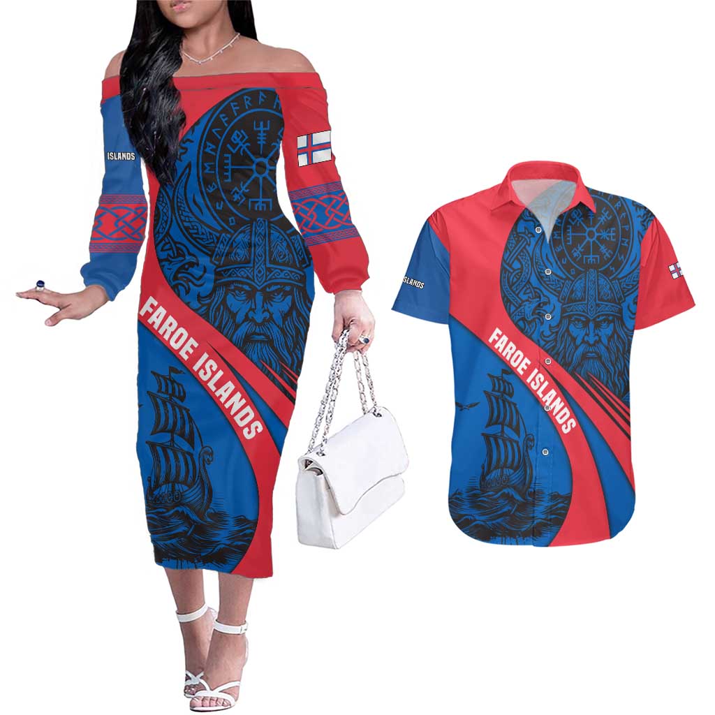Faroe Islands Couples Matching Off The Shoulder Long Sleeve Dress and Hawaiian Shirt with Viking Warrior and Longship Design - Wonder Print Shop