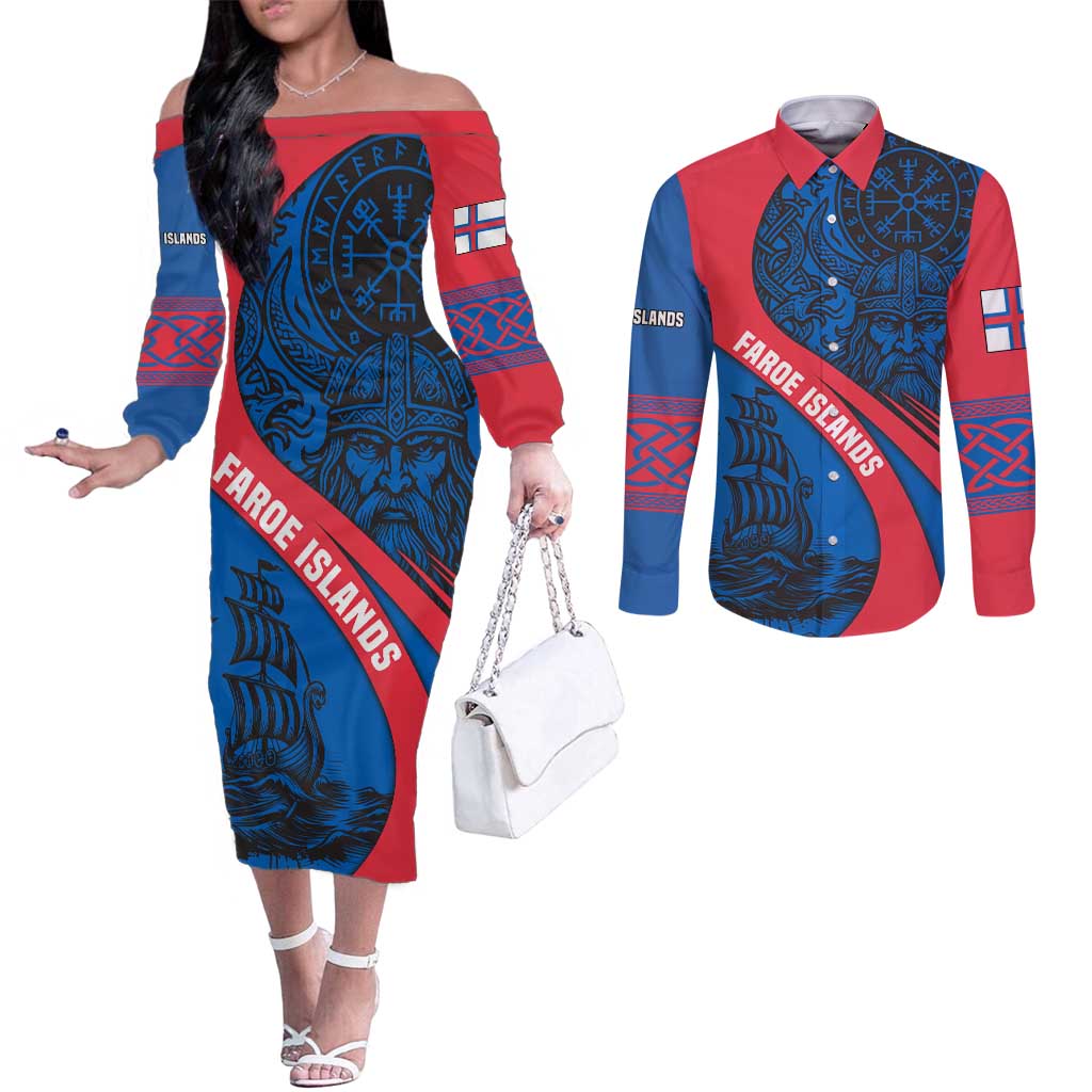 Faroe Islands Couples Matching Off The Shoulder Long Sleeve Dress and Long Sleeve Button Shirt with Viking Warrior and Longship Design - Wonder Print Shop
