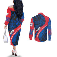Faroe Islands Couples Matching Off The Shoulder Long Sleeve Dress and Long Sleeve Button Shirt with Viking Warrior and Longship Design - Wonder Print Shop