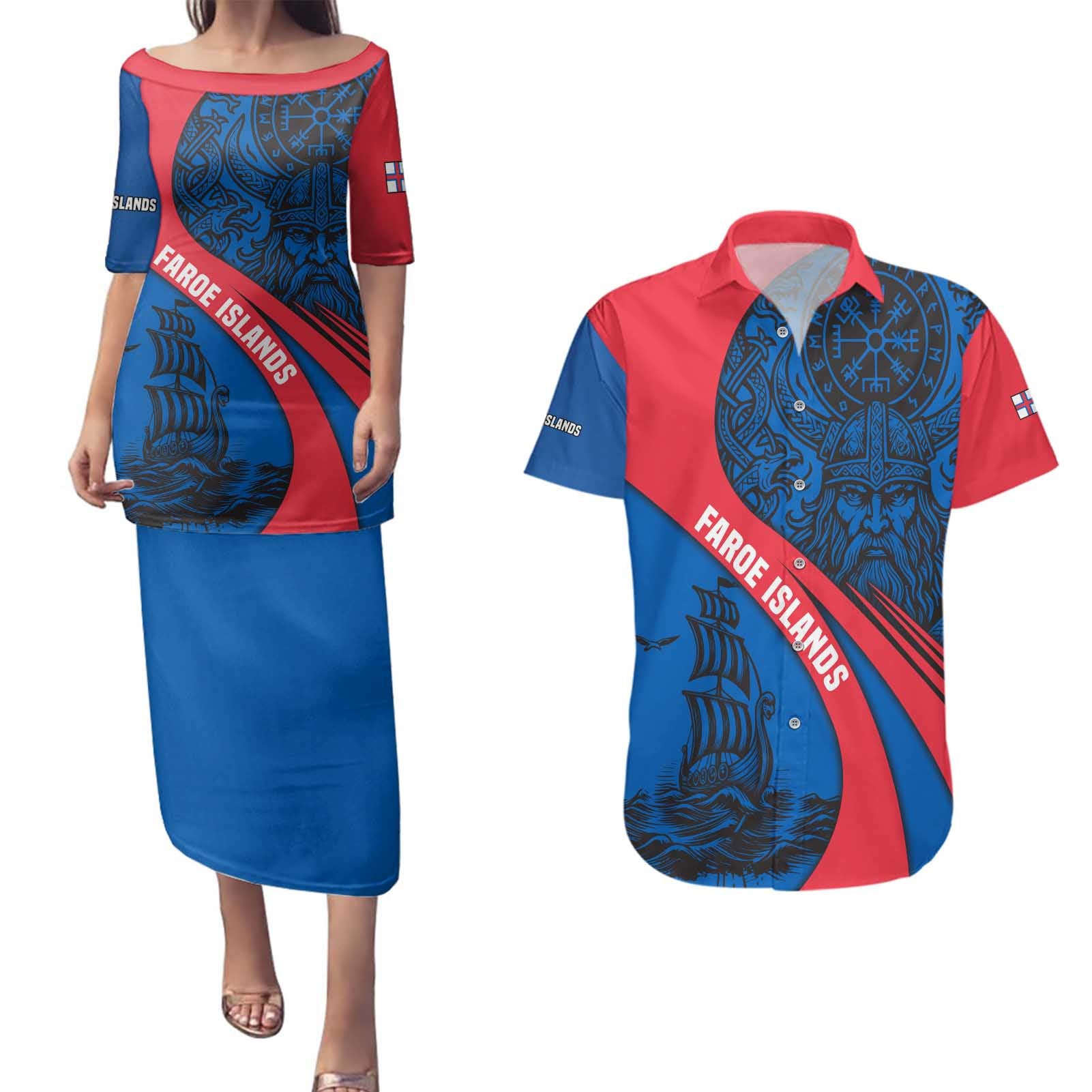 Faroe Islands Couples Matching Puletasi and Hawaiian Shirt with Viking Warrior and Longship Design - Wonder Print Shop