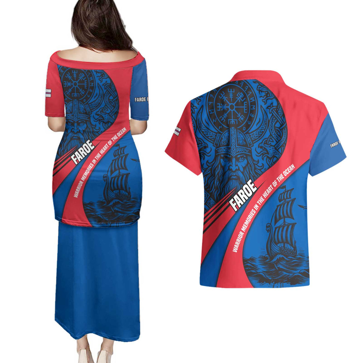 Faroe Islands Couples Matching Puletasi and Hawaiian Shirt with Viking Warrior and Longship Design - Wonder Print Shop
