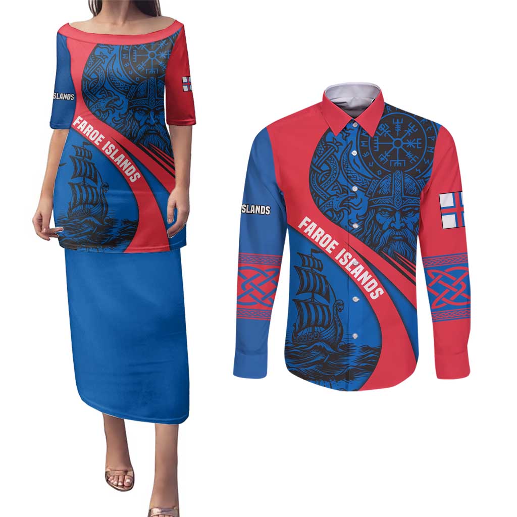 Faroe Islands Couples Matching Puletasi and Long Sleeve Button Shirt with Viking Warrior and Longship Design - Wonder Print Shop