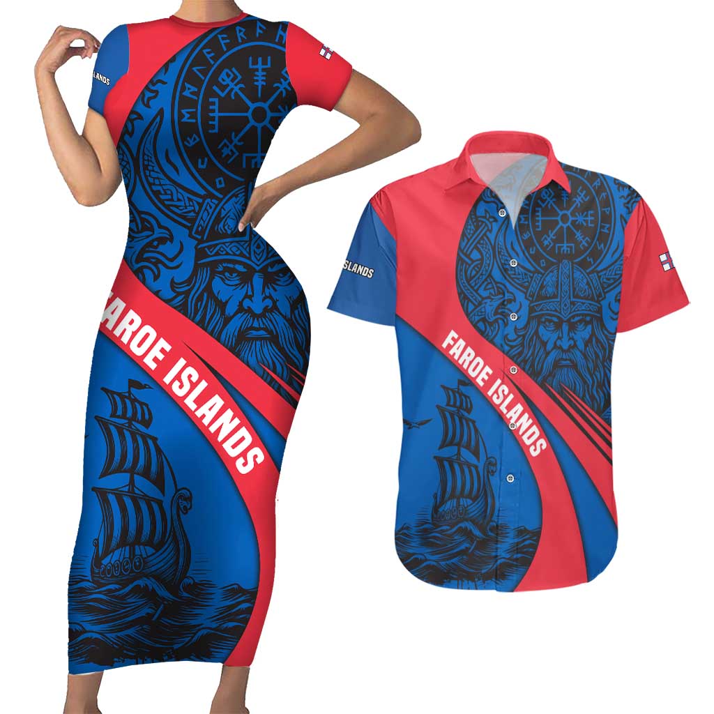 Faroe Islands Couples Matching Short Sleeve Bodycon Dress and Hawaiian Shirt with Viking Warrior and Longship Design - Wonder Print Shop