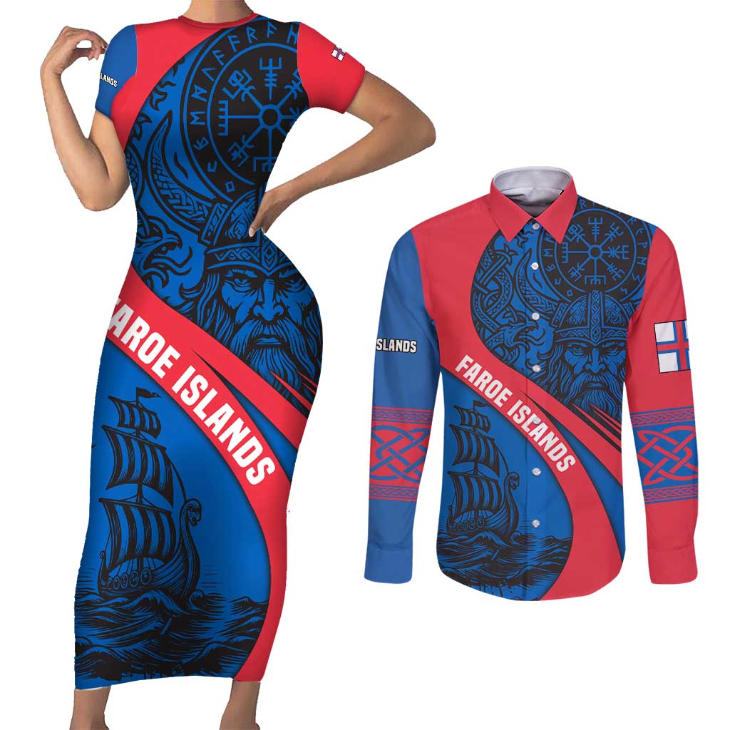 Faroe Islands Couples Matching Short Sleeve Bodycon Dress and Long Sleeve Button Shirt with Viking Warrior and Longship Design - Wonder Print Shop