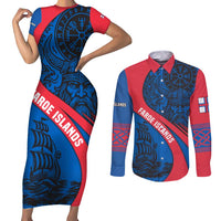 Faroe Islands Couples Matching Short Sleeve Bodycon Dress and Long Sleeve Button Shirt with Viking Warrior and Longship Design - Wonder Print Shop