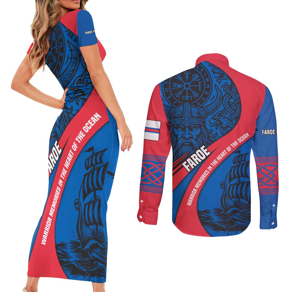 Faroe Islands Couples Matching Short Sleeve Bodycon Dress and Long Sleeve Button Shirt with Viking Warrior and Longship Design - Wonder Print Shop
