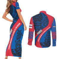 Faroe Islands Couples Matching Short Sleeve Bodycon Dress and Long Sleeve Button Shirt with Viking Warrior and Longship Design - Wonder Print Shop