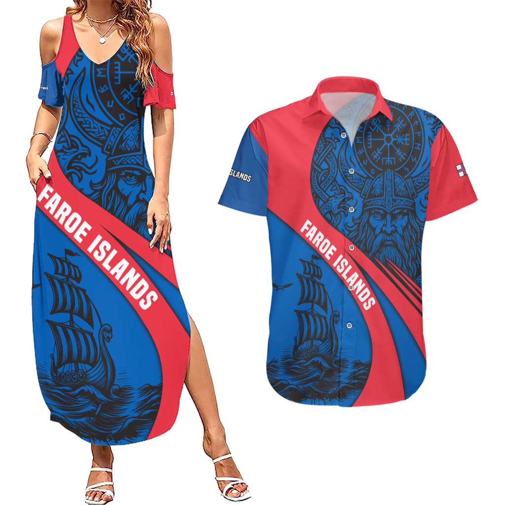 Faroe Islands Couples Matching Summer Maxi Dress and Hawaiian Shirt with Viking Warrior and Longship Design - Wonder Print Shop