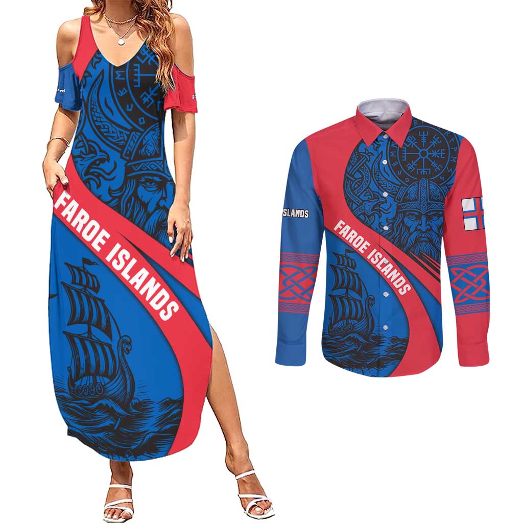 Faroe Islands Couples Matching Summer Maxi Dress and Long Sleeve Button Shirt with Viking Warrior and Longship Design - Wonder Print Shop