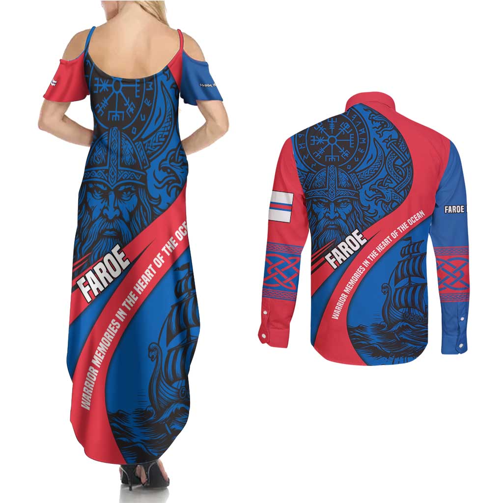Faroe Islands Couples Matching Summer Maxi Dress and Long Sleeve Button Shirt with Viking Warrior and Longship Design - Wonder Print Shop