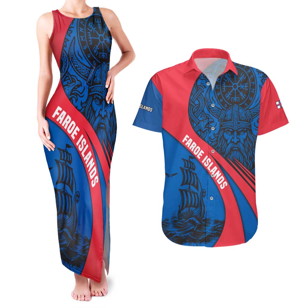 Faroe Islands Couples Matching Tank Maxi Dress and Hawaiian Shirt with Viking Warrior and Longship Design - Wonder Print Shop