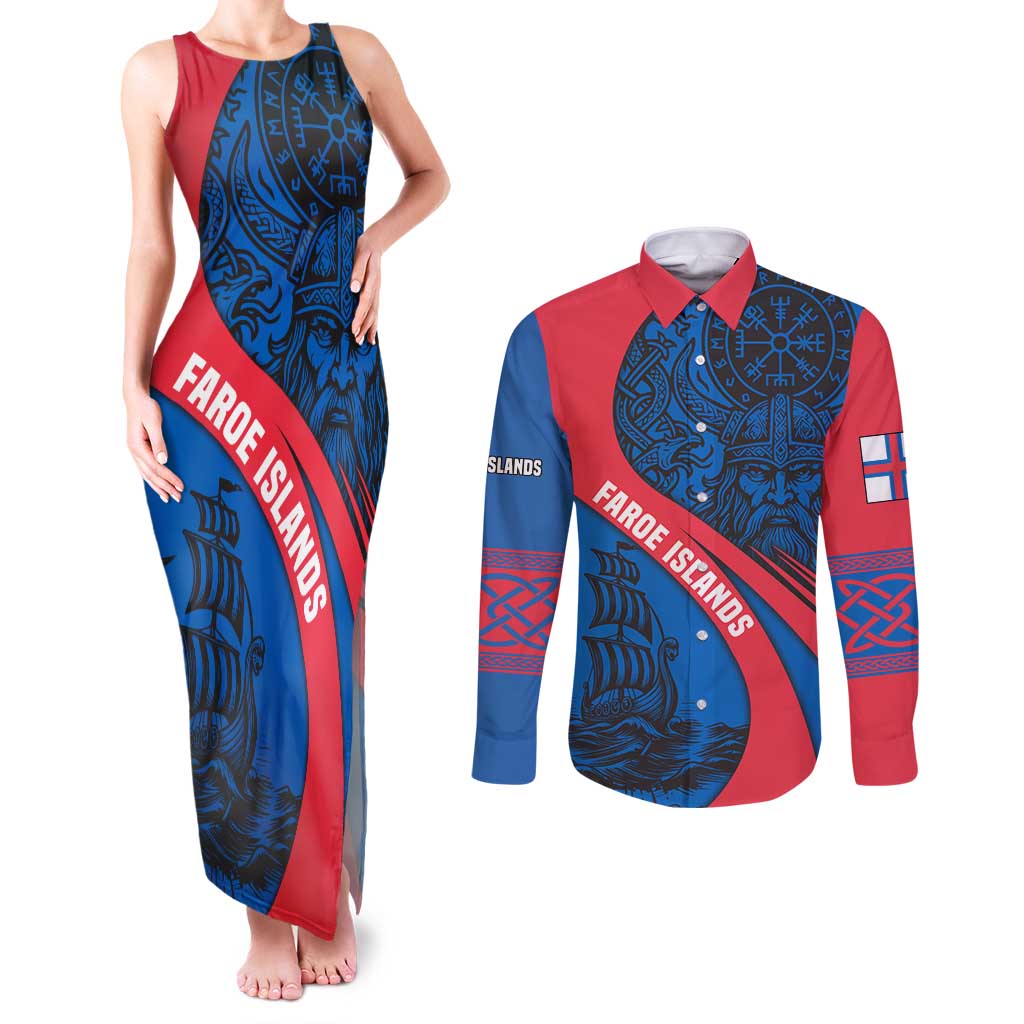 Faroe Islands Couples Matching Tank Maxi Dress and Long Sleeve Button Shirt with Viking Warrior and Longship Design - Wonder Print Shop