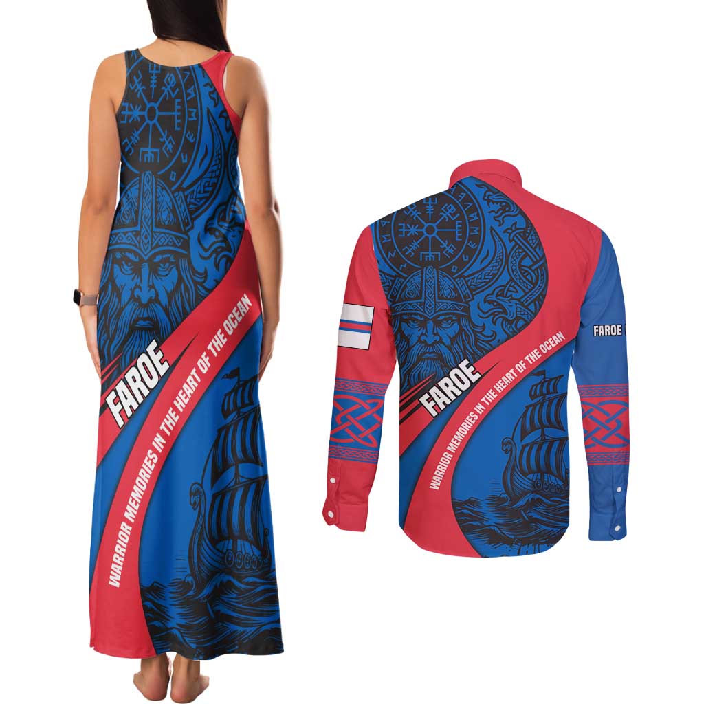 Faroe Islands Couples Matching Tank Maxi Dress and Long Sleeve Button Shirt with Viking Warrior and Longship Design - Wonder Print Shop