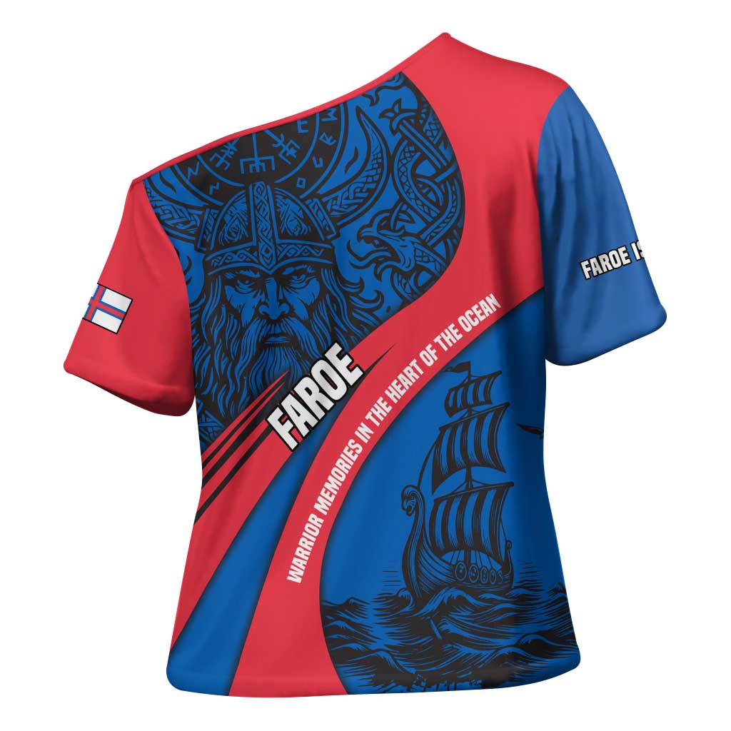 Faroe Islands Cross Shoulder Shirt with Viking Warrior and Longship Design - Wonder Print Shop