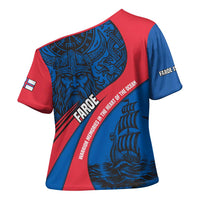 Faroe Islands Cross Shoulder Shirt with Viking Warrior and Longship Design - Wonder Print Shop