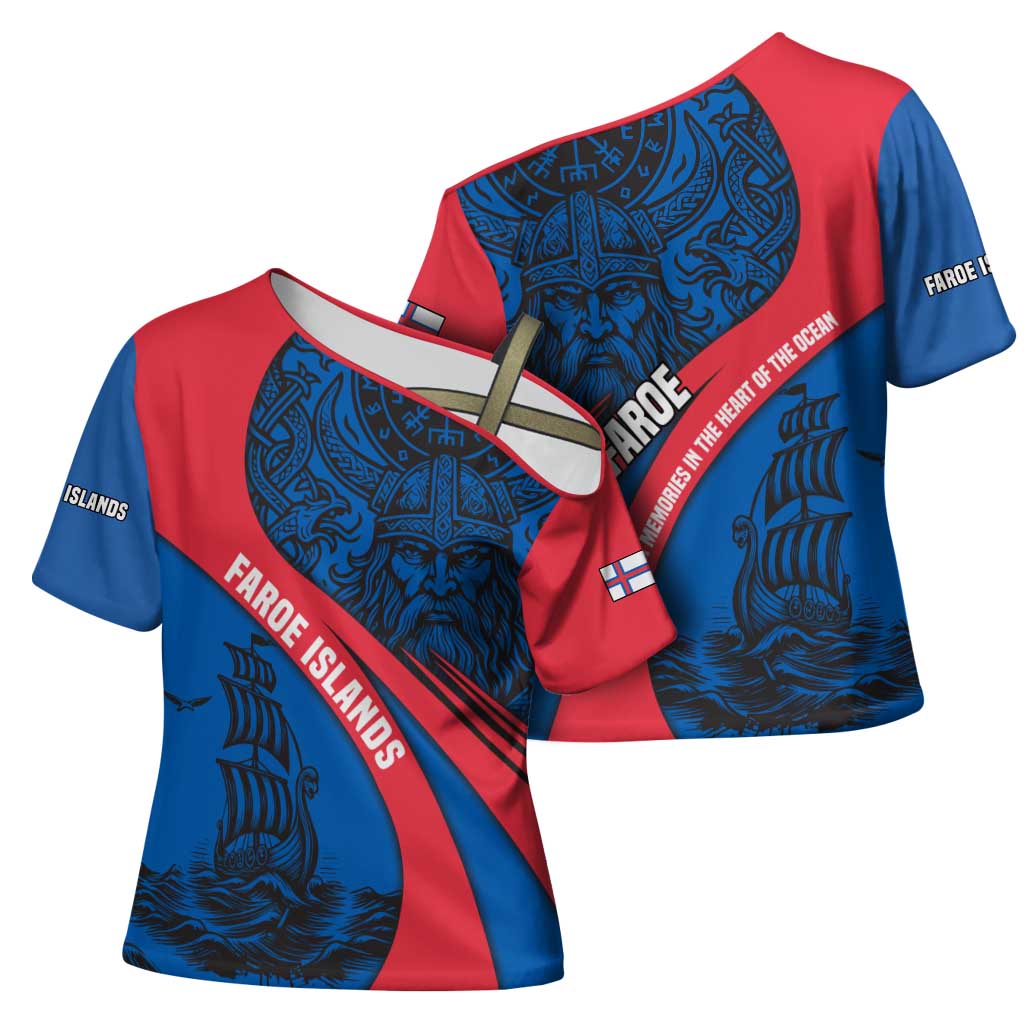 Faroe Islands Cross Shoulder Shirt with Viking Warrior and Longship Design - Wonder Print Shop