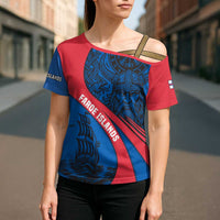 Faroe Islands Cross Shoulder Shirt with Viking Warrior and Longship Design - Wonder Print Shop