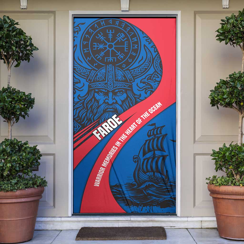 Faroe Islands Door Cover with Viking Warrior and Longship Design - Wonder Print Shop