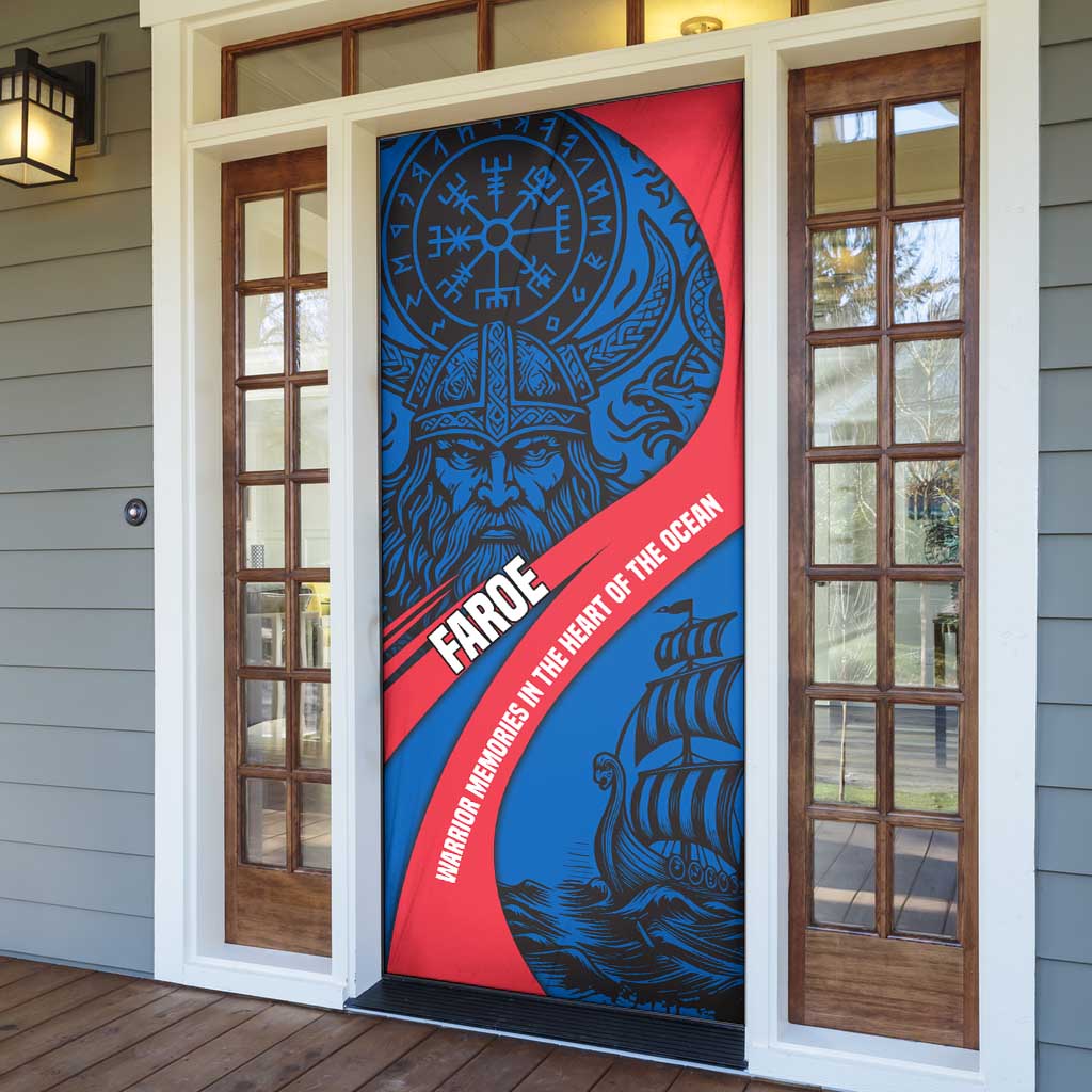 Faroe Islands Door Cover with Viking Warrior and Longship Design - Wonder Print Shop