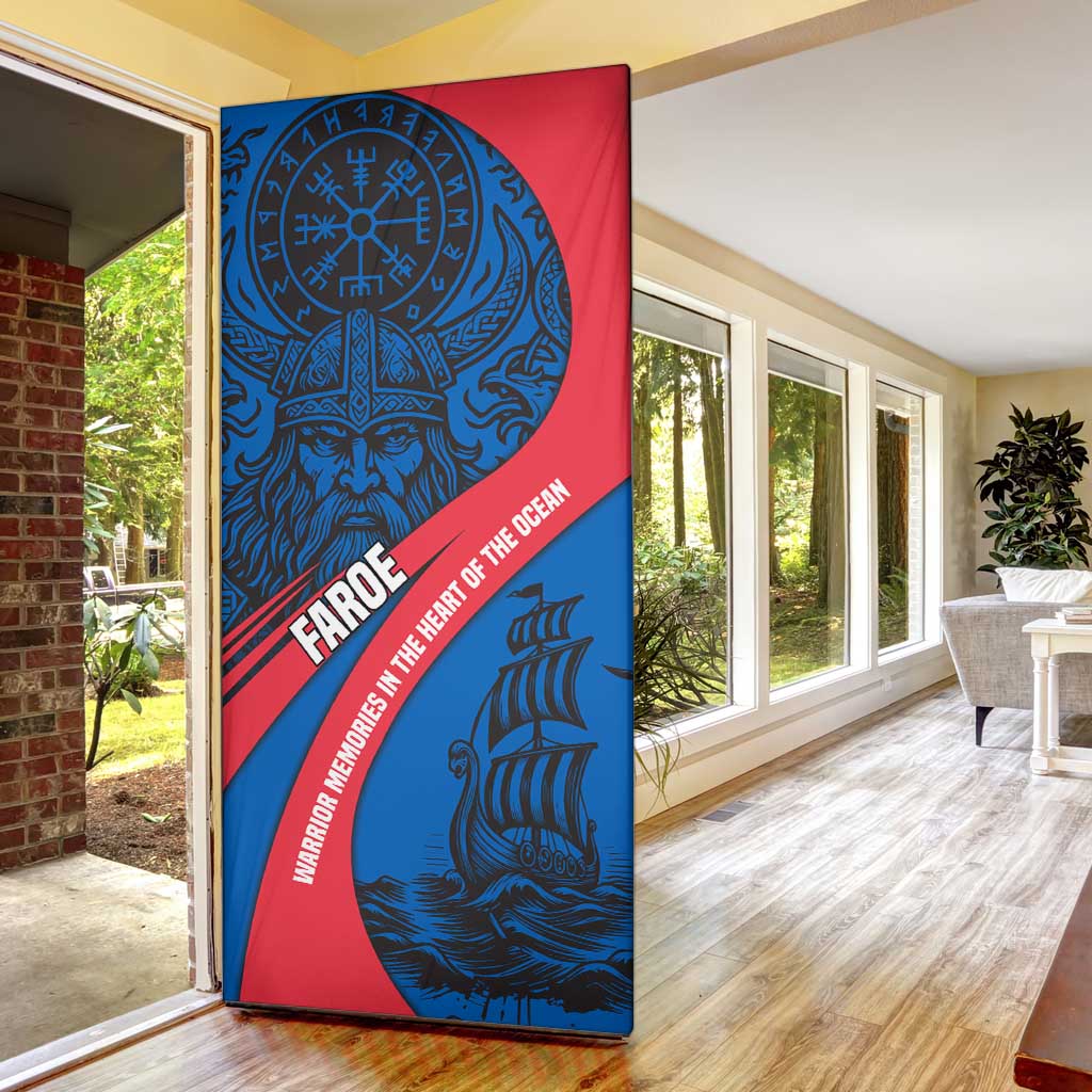 Faroe Islands Door Cover with Viking Warrior and Longship Design - Wonder Print Shop